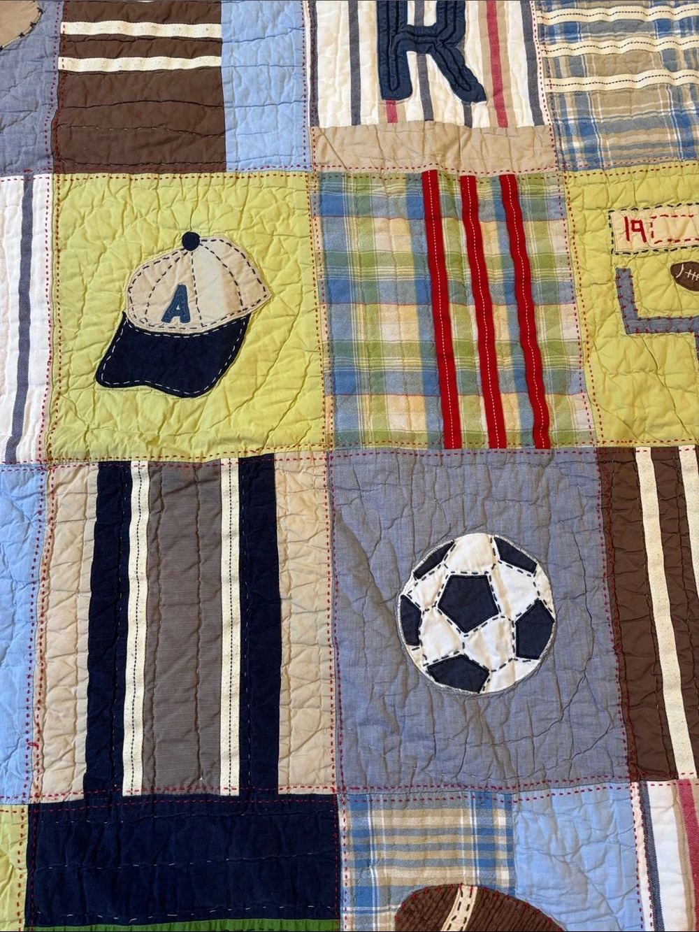 Pottery Barn Teen Sports Patchwork Quilt - Navy, Brown, Green, Red, Blue, Tan